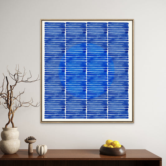 Tableau Blue Lines avec composition abstraite de lignes bleues répétées sur fond clair, dans un style contemporain et minimaliste.