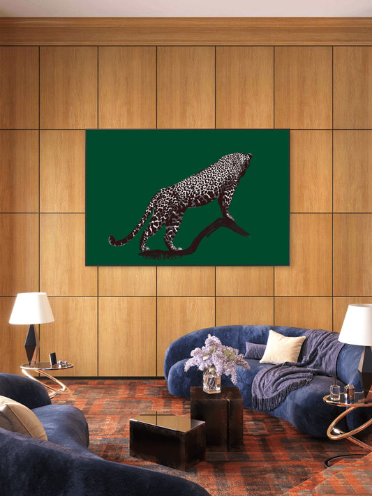 Tableau Emerald Leopard avec léopard graphique en mouvement sur fond vert profond, dans un style animalier contemporain et élégant.