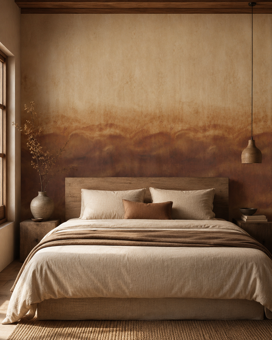 Papier peint Sahara Veil avec dégradé minéral aux tons beige, sable, ambre, terracotta et brun pour un intérieur chaleureux et apaisant.