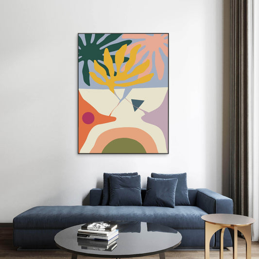 Tableau Soft Leaves avec composition abstraite végétale aux tons jaune, vert, pêche, bleu clair, crème et mauve.