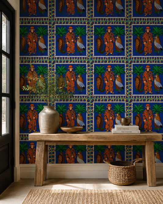 Papier peint Tropical Monkey avec singe habillé, palmiers, ananas, oiseau décoratif et couleurs tropicales dans un style graphique.