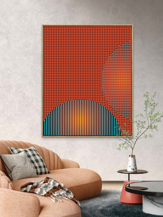 Tableau Urban Sun avec composition abstraite géométrique rouge, lignes verticales bleues, formes arrondies et détails jaunes.