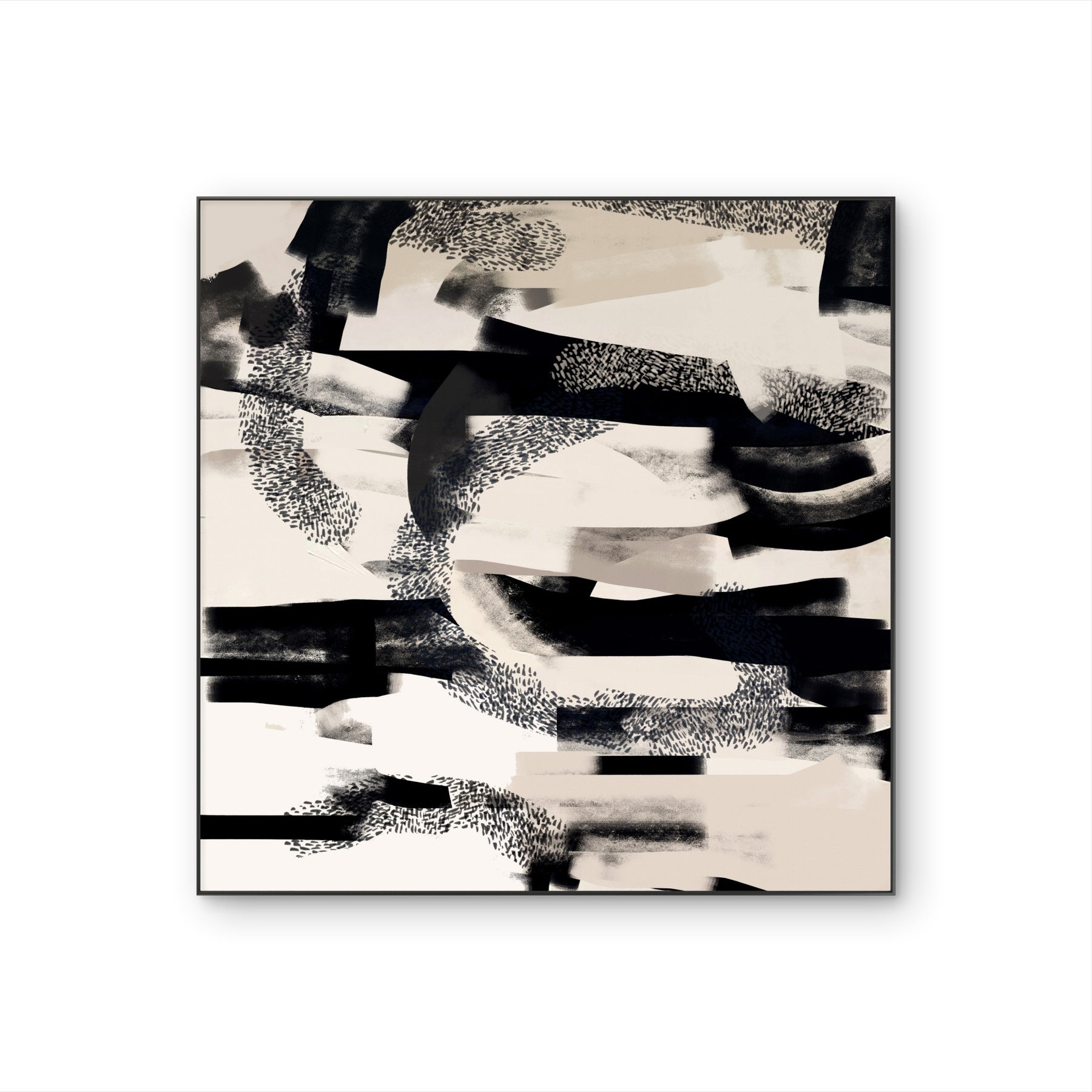 Tableau sur toile contemporain Trace en noir, ivoire et beige