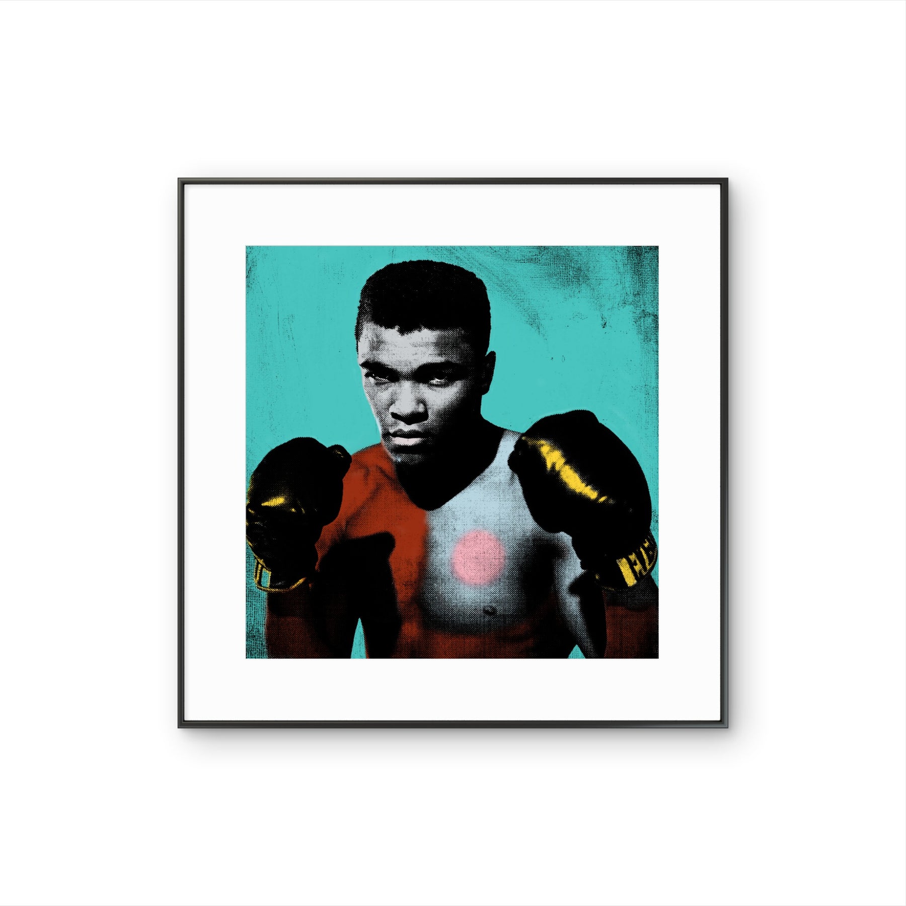 Tirage fine art encadré noir avec passe-partout The Greatest représentant un portrait iconique de boxeur