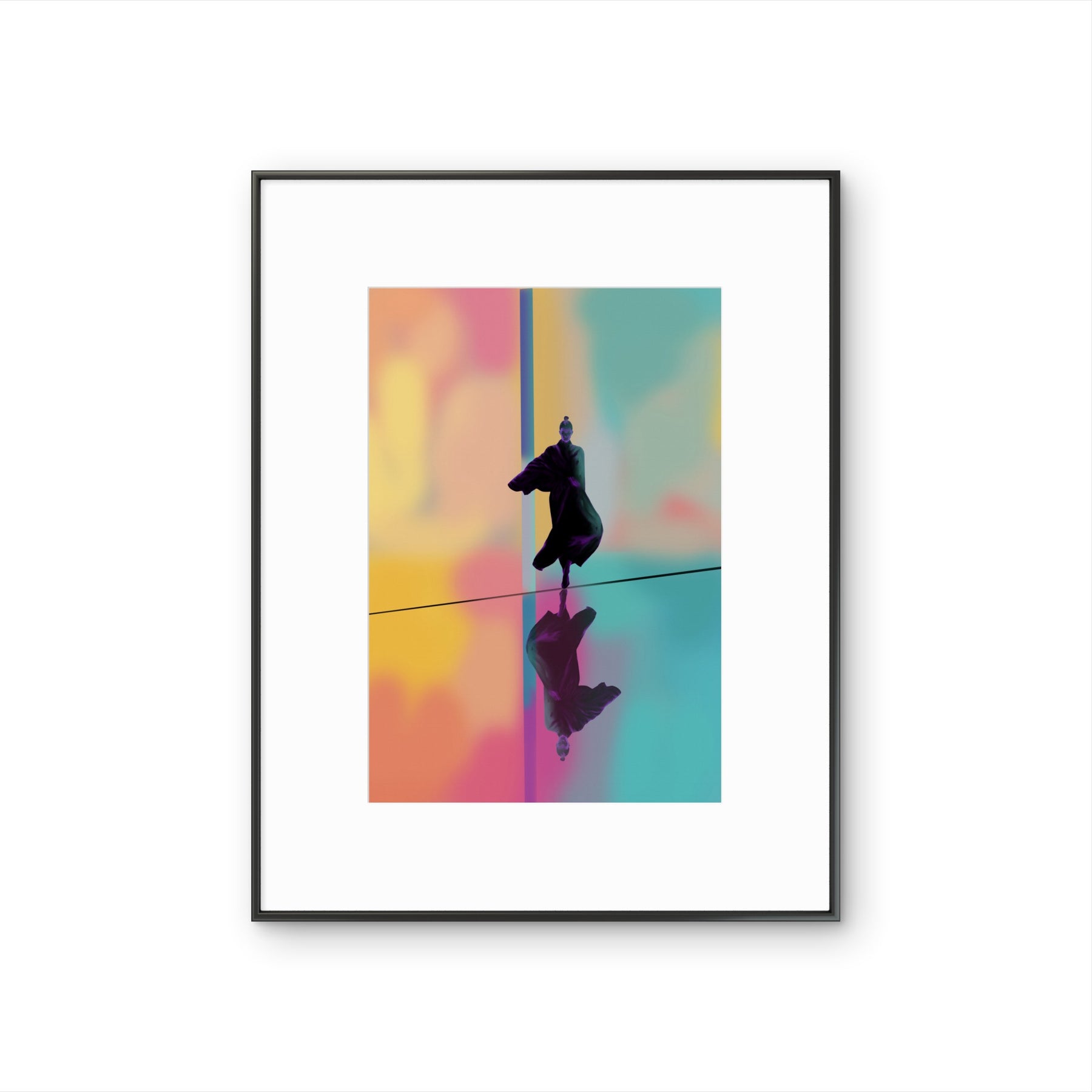 Tirage fine art encadré noir avec passe-partout Color Drift représentant une silhouette contemporaine sur fond coloré