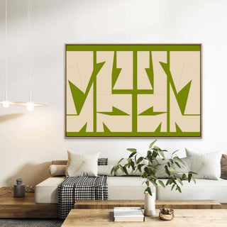 Tableau contemporain Balanced Form avec composition abstraite géométrique en tons beige et vert.