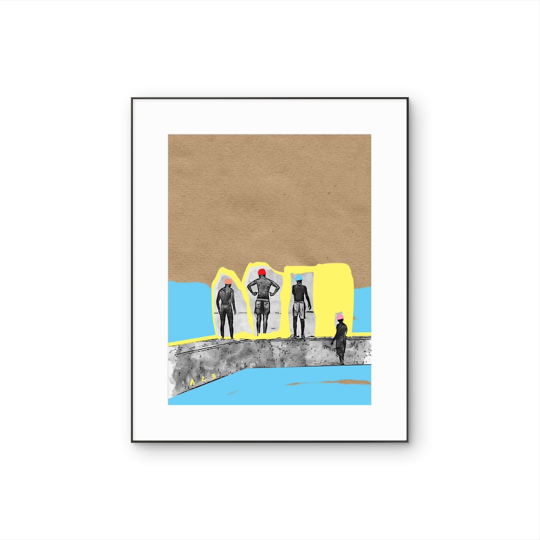 Tableau contemporain Bright Passage avec silhouettes urbaines, fond texturé, touches de bleu et jaune.