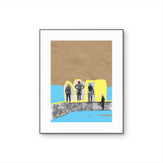 Tableau contemporain Bright Passage avec silhouettes urbaines, fond texturé, touches de bleu et jaune.
