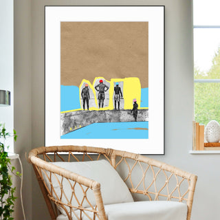 Tableau contemporain Bright Passage avec silhouettes urbaines, fond texturé, touches de bleu et jaune.