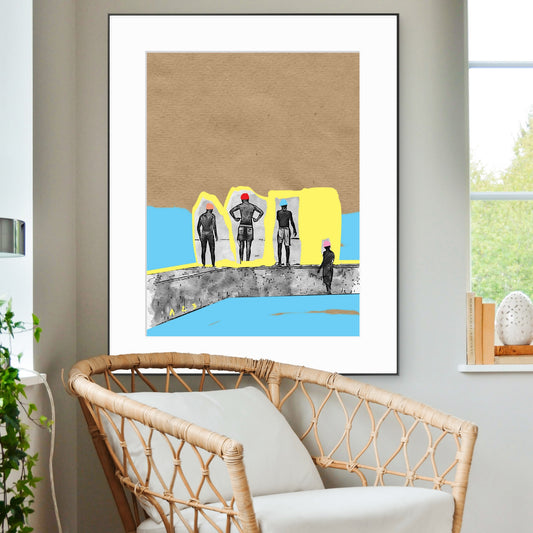 Tableau contemporain Bright Passage avec silhouettes urbaines, fond texturé, touches de bleu et jaune.