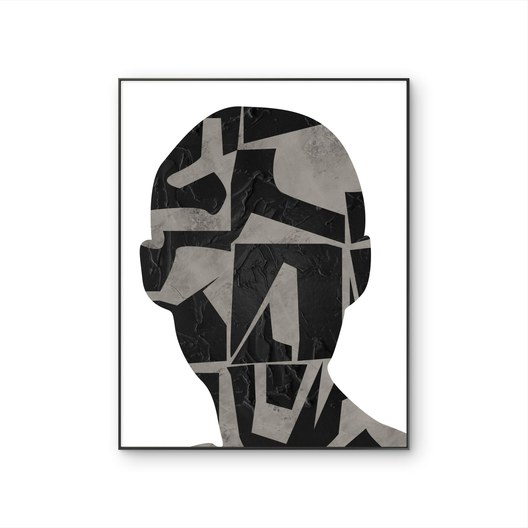 Tableau contemporain Inner Map représentant une silhouette abstraite en noir et gris avec textures minérales et formes géométriques.
