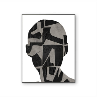 Tableau contemporain Inner Map représentant une silhouette abstraite en noir et gris avec textures minérales et formes géométriques.
