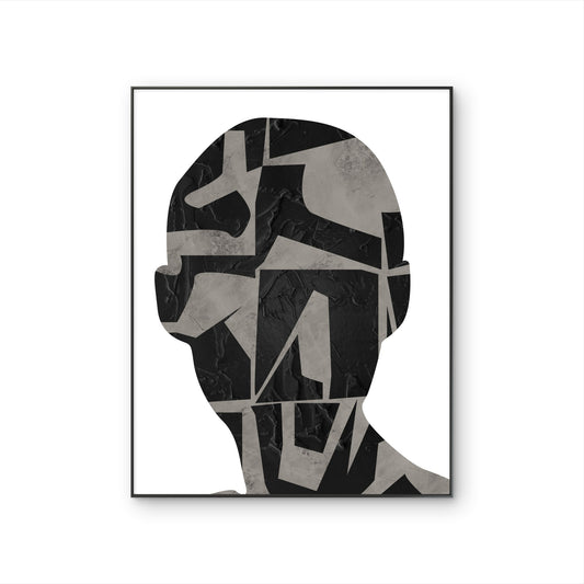 Tableau contemporain Inner Map représentant une silhouette abstraite en noir et gris avec textures minérales et formes géométriques.
