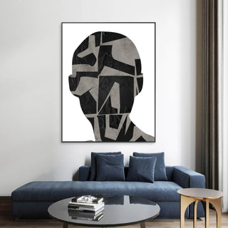 Tableau contemporain Inner Map représentant une silhouette abstraite en noir et gris avec textures minérales et formes géométriques.