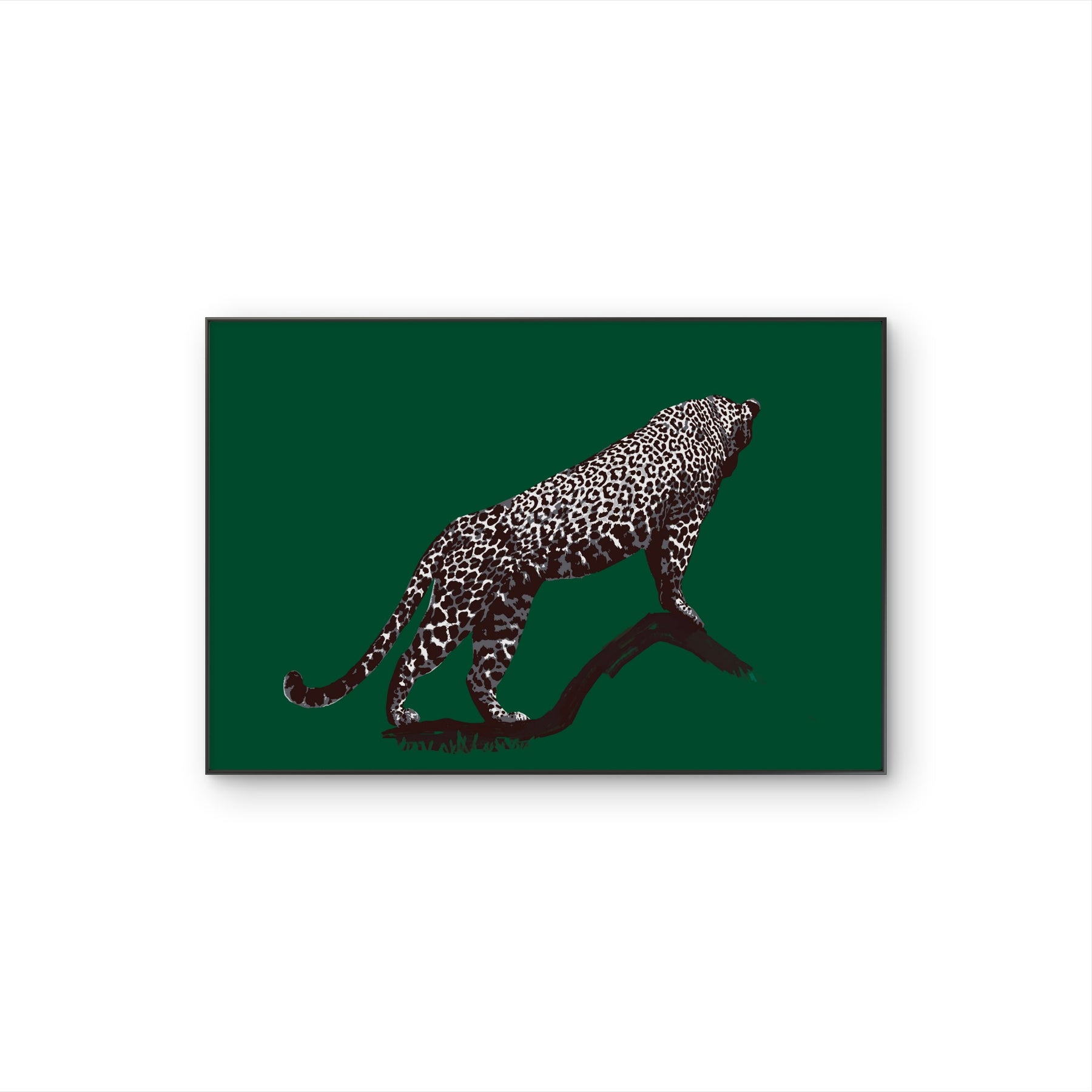 Tableau Emerald Leopard avec léopard graphique en mouvement sur fond vert profond, dans un style animalier contemporain et élégant.
