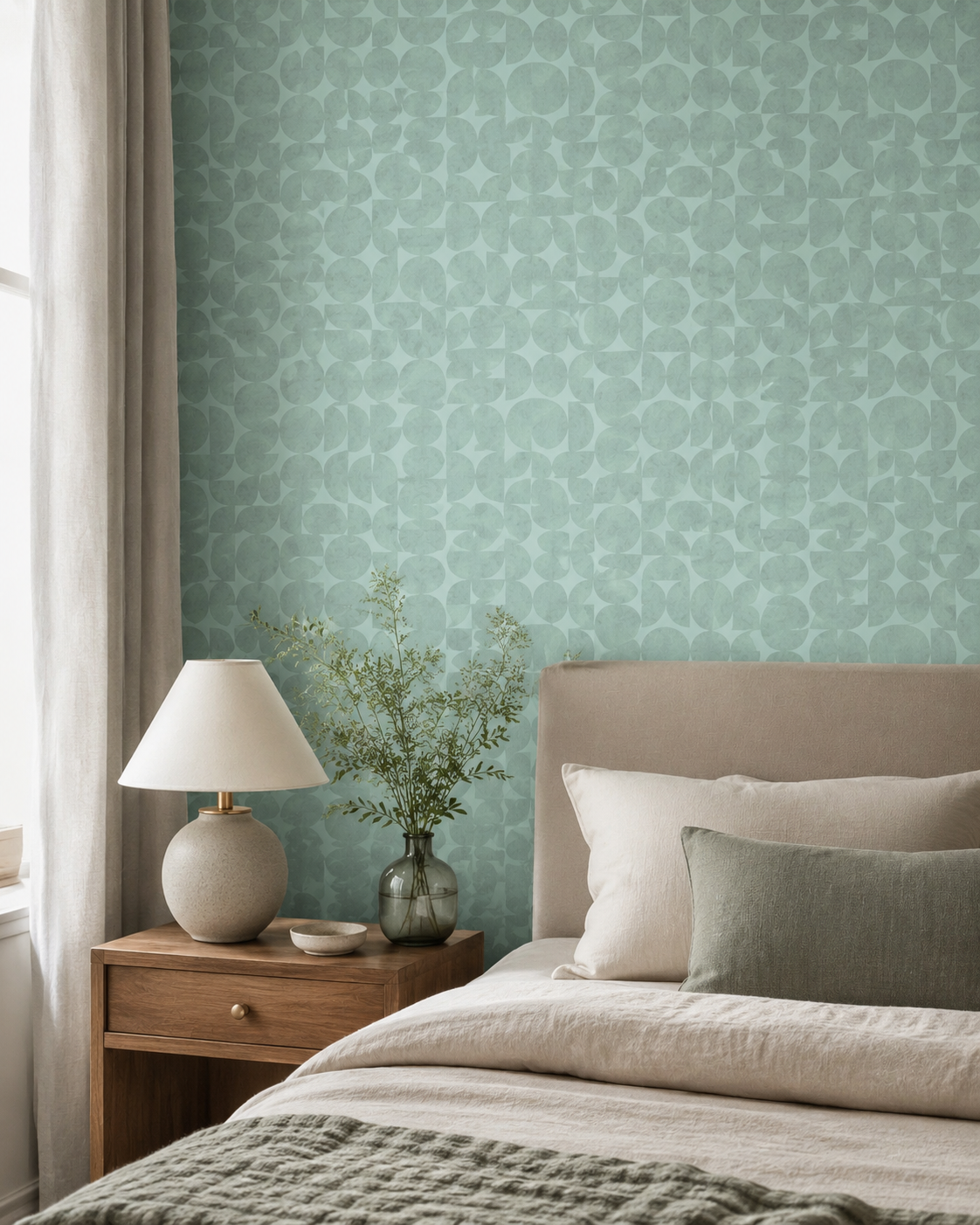 Détail de motif répétitif vert céladon pour papier peint sur mesure