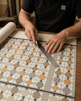 Papier peint Riad Grid avec soubassement géométrique aux tons crème, sable, ocre, gris doux et noir, inspiré des motifs traditionnels.Motif géométrique inspiré des moucharabiehs