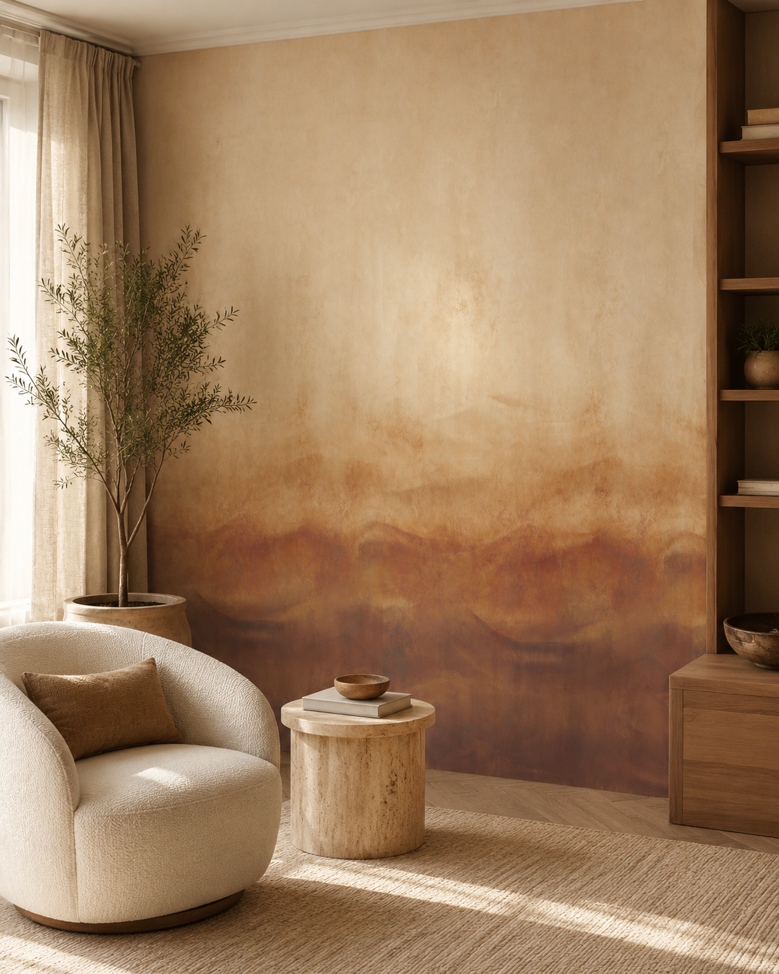 Papier peint Sahara Veil avec dégradé minéral aux tons beige, sable, ambre, terracotta et brun pour un intérieur chaleureux et apaisant.