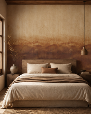 Papier peint Sahara Veil avec dégradé minéral aux tons beige, sable, ambre, terracotta et brun pour un intérieur chaleureux et apaisant.