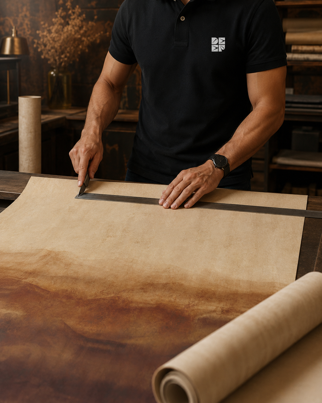 Papier peint Sahara Veil avec dégradé minéral aux tons beige, sable, ambre, terracotta et brun pour un intérieur chaleureux et apaisant.