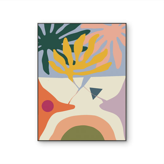 Tableau Soft Leaves avec composition abstraite végétale aux tons jaune, vert, pêche, bleu clair, crème et mauve.