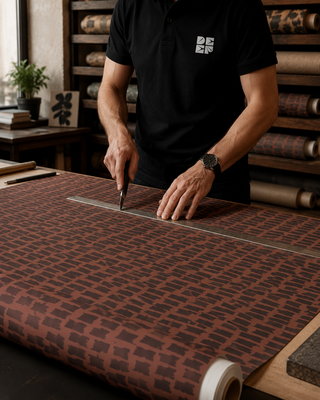 Papier peint Terra Brush terracotta et anthracite avec motif abstrait texturé dans un intérieur chaleureux.