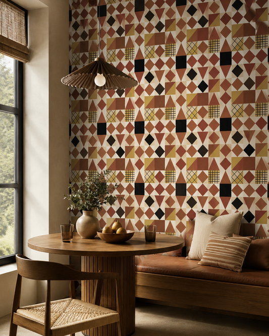 Papier peint Terracotta Geometry avec motif géométrique aux tons terracotta, ocre, crème et noir dans un intérieur chaleureux avec coin repas.