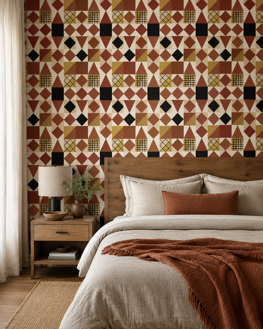 Papier peint Terracotta Geometry avec motif géométrique aux tons terracotta, ocre, crème et noir dans un intérieur chaleureux avec coin repas.