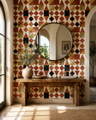 Papier peint Terracotta Geometry avec motif géométrique aux tons terracotta, ocre, crème et noir dans un intérieur chaleureux avec coin repas.