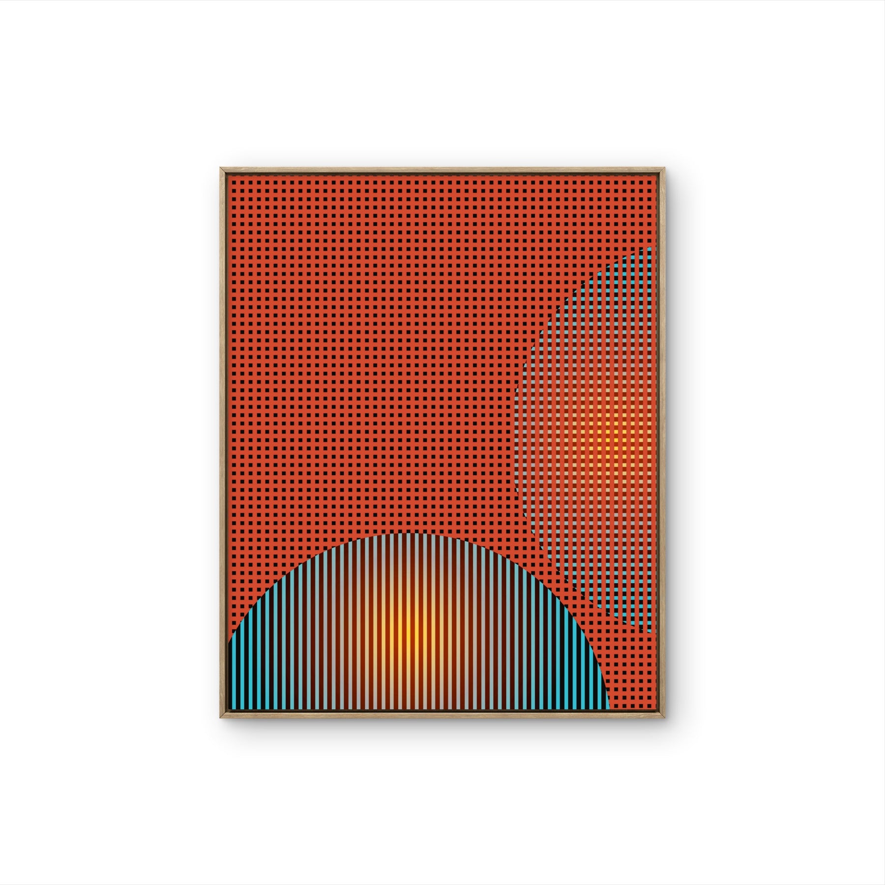 Tableau Urban Sun avec composition abstraite géométrique rouge, lignes verticales bleues, formes arrondies et détails jaunes.