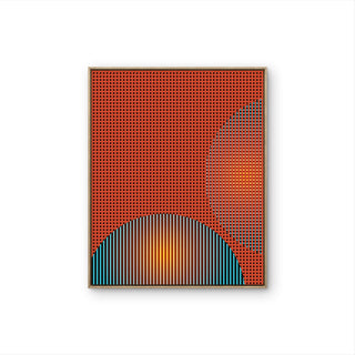 Tableau Urban Sun avec composition abstraite géométrique rouge, lignes verticales bleues, formes arrondies et détails jaunes.
