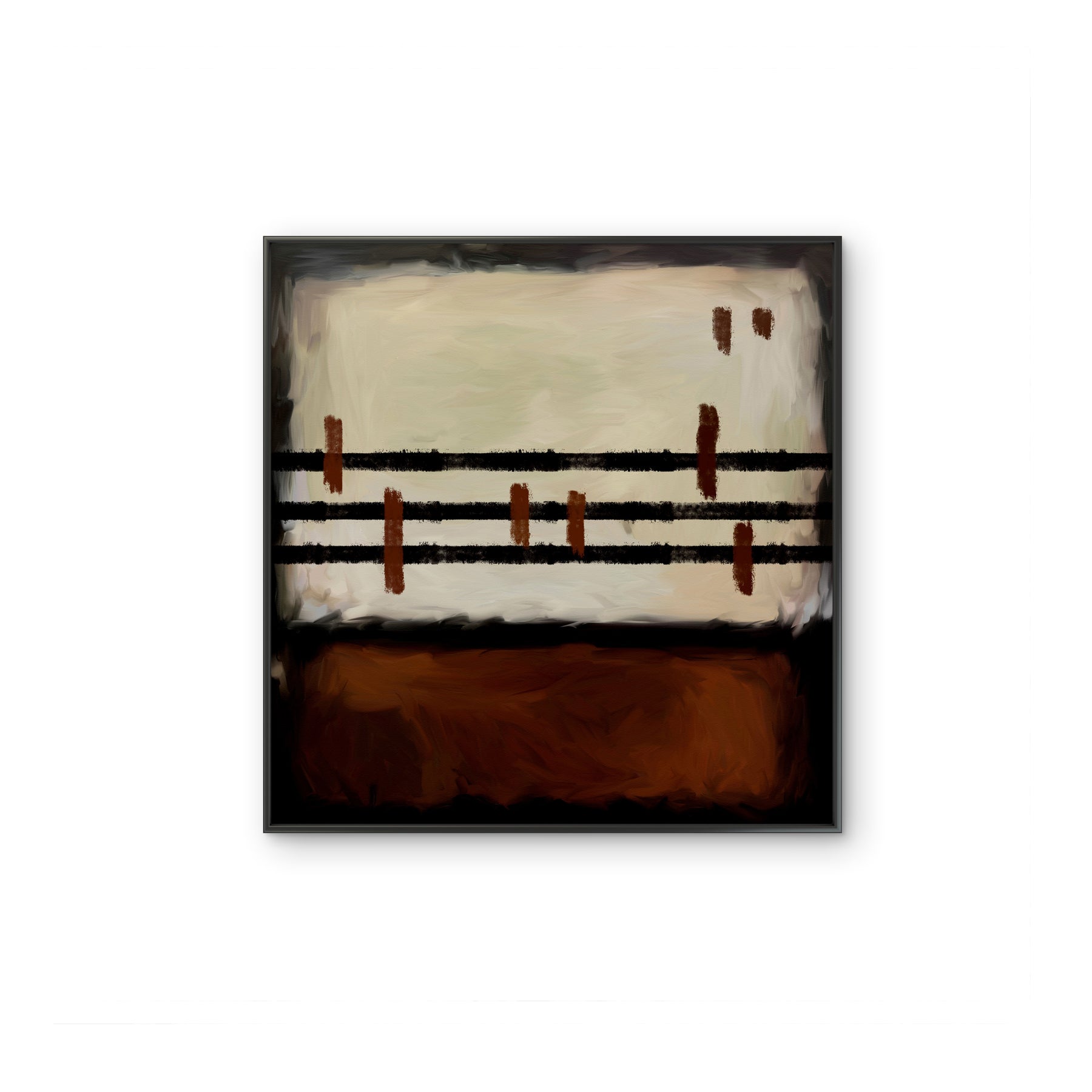 Tableau abstrait contemporain Burnt Rhythm aux lignes noires et tons bruns brûlés