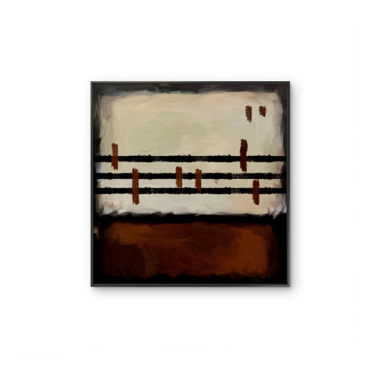 Tableau abstrait contemporain Burnt Rhythm aux lignes noires et tons bruns brûlés