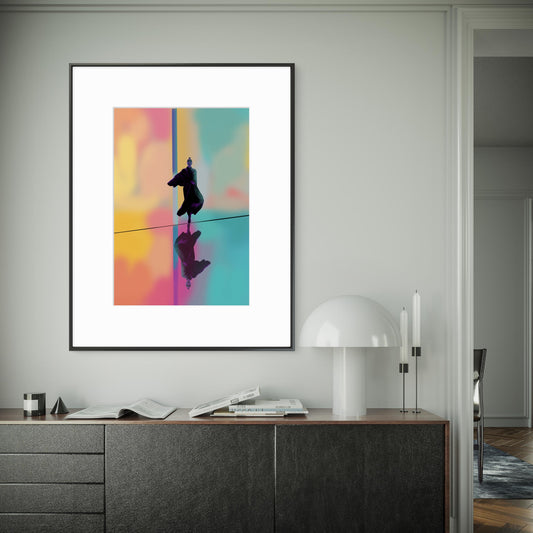 Tirage fine art Color Drift avec cadre noir et passe-partout dans un intérieur contemporain