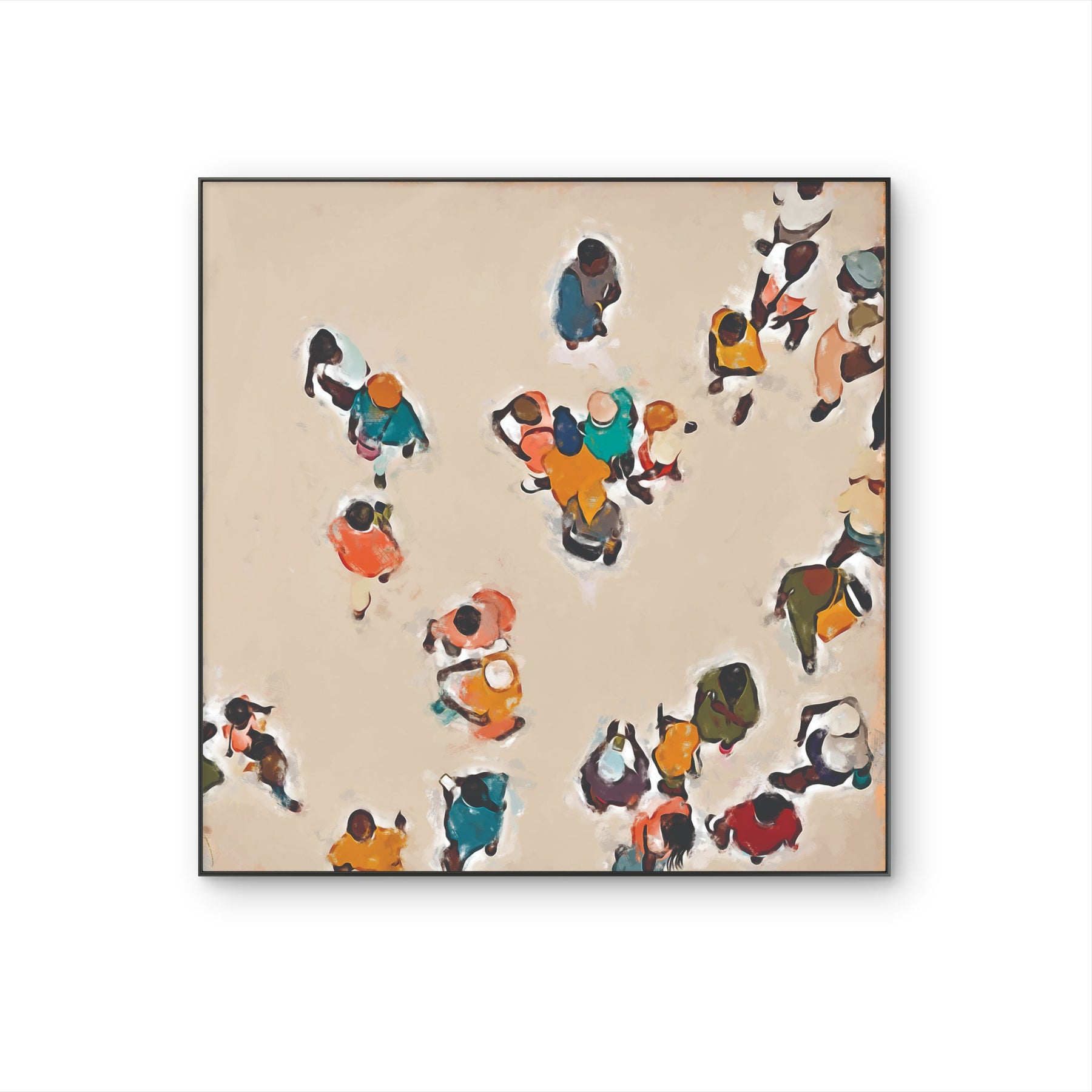 Tableau figuratif contemporain Urban Flow avec silhouettes colorées vues du dessus sur fond beige.