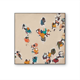 Tableau figuratif contemporain Urban Flow avec silhouettes colorées vues du dessus sur fond beige.