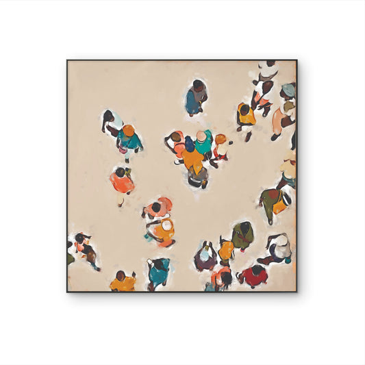 Tableau figuratif contemporain Urban Flow avec silhouettes colorées vues du dessus sur fond beige.